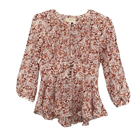 Moulinette Soeurs Anthropologie Size 6 Red Floral Cotton/Silk Amelie Blouse - Picture 1 of 14